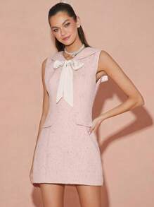 Enchnt 冬季/春季浪漫女士柔粉色海军领无袖蝴蝶结花式纱线粗花呢可爱迷你连衣裙，甜美优雅，适合情人节、圣诞派对、新年、生日和节日装扮、甜蜜约会之夜和日常通勤，连衣裙 - 粉色 - 查看 7