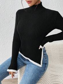 SHEIN Unity French Style Autumn/Winter New Semi-Turtleneck Asymmetrical Hem Fitted Knit Sweater Top, Women's Pullover Pullover Fall - Multicolor - View 3