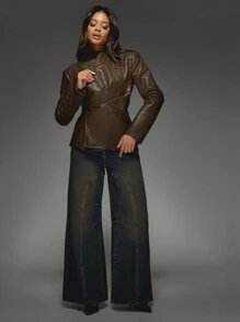 MISSGUIDED Blazer envolvente de piel sintética de lujo, diseño profesional, de oficina, de alta moda, con estructura y diseño asimétrico frontal, manga larga, prenda de vestir para otoño e invierno