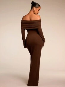 SHEIN BAE Women's Solid Color Off Shoulder Long Sleeve Casual Long Dress,Party Women Outfits,New Years Women Dress,Christmas Women Clothes