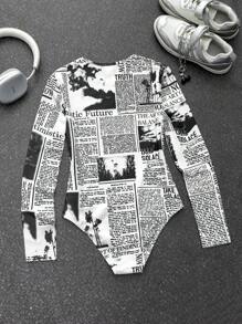 SHEIN Tween Girls' Casual Daily Knit Newspaper Print Long Sleeve Jumpsuit