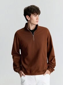 Ontre Men's Spring Brown Solid Color Front Zipper Long Sleeve Casual Pullover Hoodie, Minimalist Style, Versatile For Casual, New Year Holiday, Parties, Daily Commuting - Brown - View 1