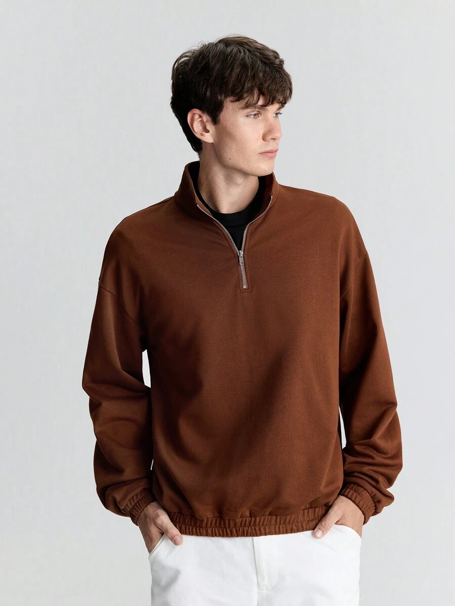 Ontre Men's Spring Brown Solid Color Front Zipper Long Sleeve Casual Pullover Hoodie, Minimalist Style, Versatile For Casual, New Year Holiday, Parties, Daily Commuting - Brown - View 1
