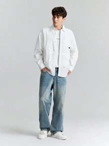 Ontre Men's White Oversized Multi-Pocket Plain Button-Front Long Sleeve Casual Shirt, Simple Lapel Collar Sport Shirt, Versatile For Daily, New Year Party, Holiday And Commuting
