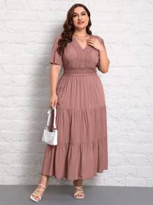 SHEIN VCAY 大码纯色 V 领短袖褶边休闲长裙 - 粉色 - 查看 5