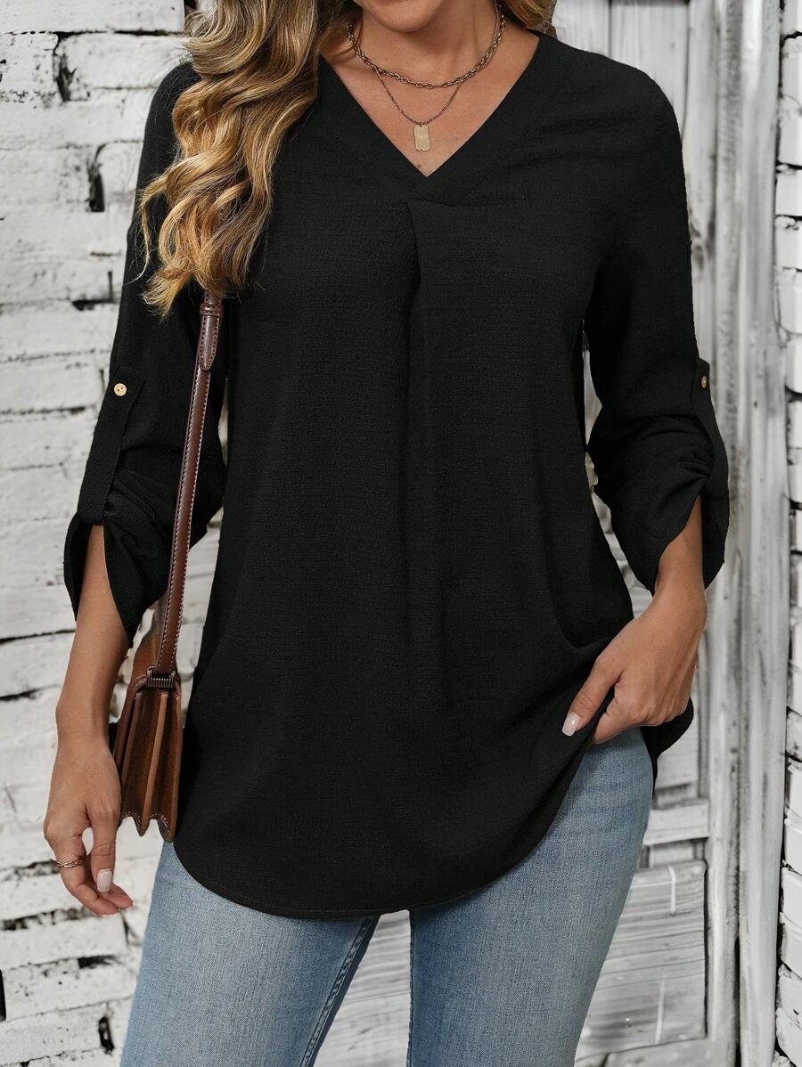 EMERY ROSE Women V-Neck Long Sleeve Solid Color Casual Top - Black - View 1