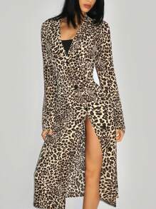 SHEIN ICON 1pc Holiday Outfits Women Y2k Office Siren Outfit Sexy Leopard Print Button Front Fitted Long Sleeve Dress, For Daily Wear - Multicolor - View 2
