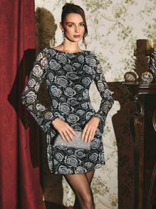 Poéselle Elegant Party Floral All-Over Print Flared Sleeve Mini Dress - Black - View 6