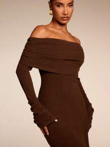 SHEIN BAE Women's Solid Color Off Shoulder Long Sleeve Casual Long Dress,Party Women Outfits,New Years Women Dress,Christmas Women Clothes