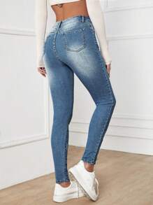 EMERY ROSE Women's Front Button Pocket Simple Denim Jeans, Casual Everyday Wear - Medium Wash - View 2