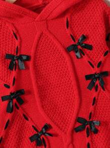 SHEIN Moda para meninas pré-adolescentes, suéter com capuz solto vermelho com laço 3D preto e padrão de linha, outono/inverno