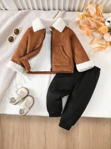 SHEIN Baby Boys Winter Outfit: 1) Brown Solid Color Lapel Jacket Top 2) Black Warm Fleece Thick Pants. Minimalist Design, Zipper Opening, Suitable For Various Occasions
