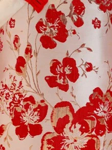 1pc Young Girl Chinese Style New Year Dress, Red Floral Padded Fabric Patchwork With White Fur Trim, Hanfu Dress, Warm Winter