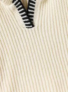 Classic Simple Grey Contrast Stitching Knit Sweater, Casual Hooded Pullover For Girls, Autumn/Winter