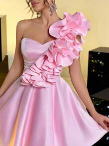 Lovelzi Elegant Pink Satin Ruffles Asymmetrical Neck Princess Dress,Adjustable Straps Wedding Guest Cocktail Bachelorette Party Prom Valentine's Day - Pink - View 3