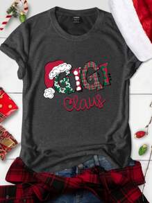 SHEIN LUNE 圣诞印花短袖修身休闲 T 恤图案 T 恤女式上衣 - 深灰色 - 查看 3