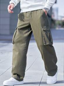 Manfinity Homme 男士简约口袋设计宽松牛仔裤，休闲日常穿着 - 軍綠色 - 查看 1