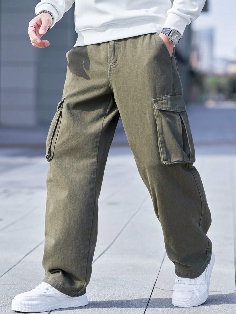 Manfinity Homme 男士简约口袋设计宽松牛仔裤，休闲日常穿着 - 軍綠色 - 查看 1