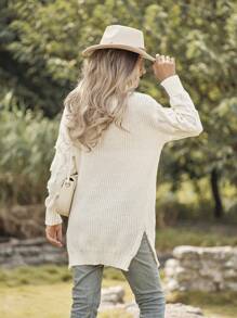 LanaWest 女士休闲纯色高领开衩下摆毛衣连衣裙 - 白色 - 查看 2