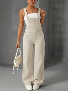 SHEIN ICON 女式简约休闲宽肩带纽扣连体裤 - 卡其色 - 查看 4