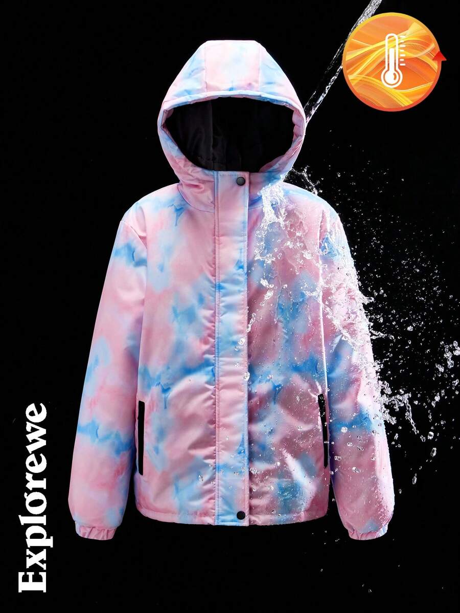 SHEIN 2st/set Tie-Dye Mönster Huva långärmad jacka och haklappsbyxor Isolerad skiddräkt för tonårsflickor - Rosa - Visa 1
