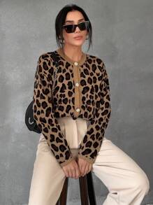 EURMUSE Women's Loose Fit Single-Breasted Leopard Print Round Neck Cardigan, Long Sleeve,Petite Cardigans,Cardigans
