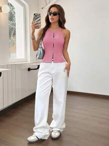 SHEIN EZwear Casual Knit Plain Slim Fit Sleeveless Backless Tank Top For Women Pink Top Womenbaby Pink Top