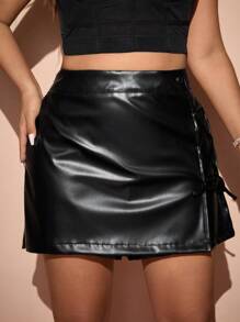 Allurite Plus Size Solid Color Drawstring Design High Waist Shorts - Black - View 6