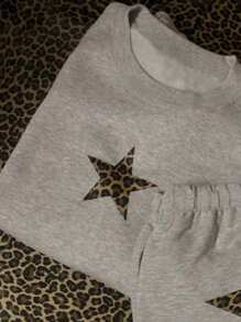 2pcs/Set Teen Girl Leopard Print Pentagram Crew Neck Long Sleeve Top And Pants Set - Grey - View 4