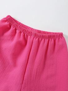 2pcs/Set Girls' Pink Casual Open Front Ruffle Trim Collar Knit Loungewear Set - Hot Pink - View 4