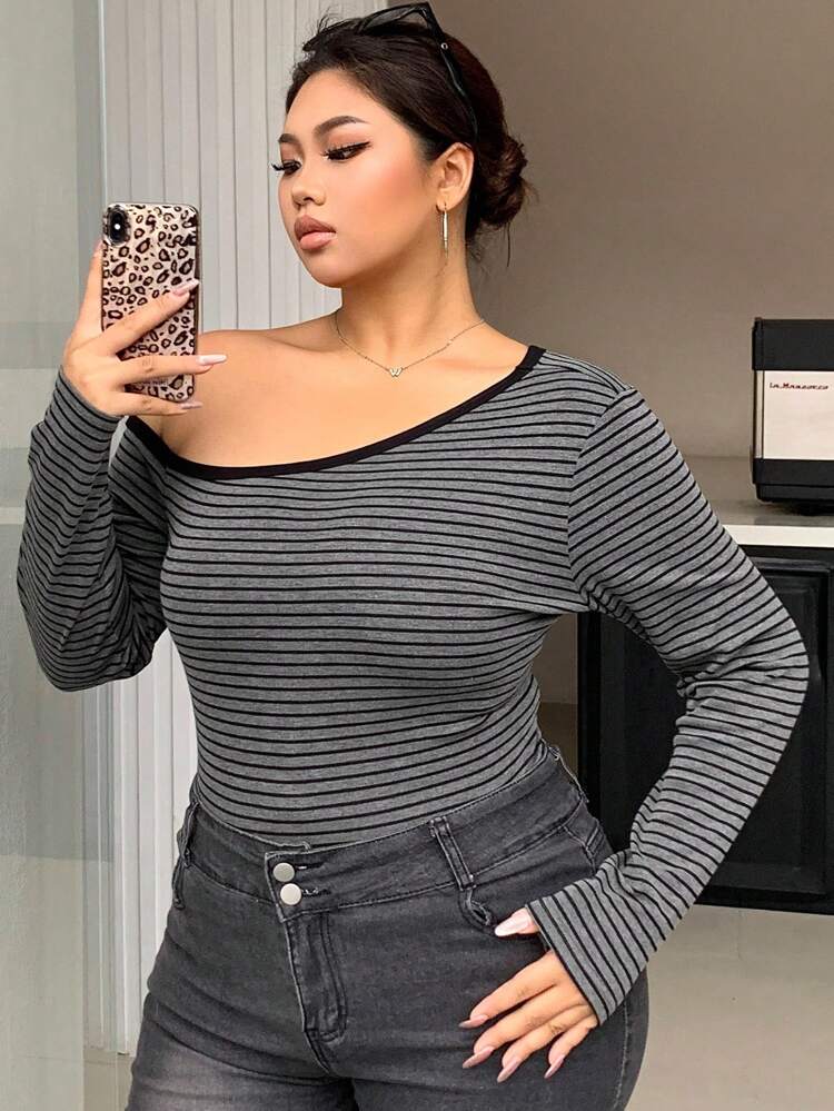 Dazy Petite Plus 1pc Plus Size Elegant Asymmetric Neck Form-Fitting Striped T-Shirt, Gray, Spring/Summer Long Sleeve Women Tops