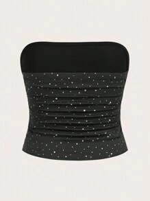 SHEIN EZwear Áo Bandeau nhún bèo sequin thời trang cỡ lớn cho nữ mùa hè - màu đen - Xem 2
