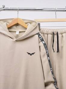 SHEIN Leap Crew Bộ 2 quần dài và áo nỉ trùm đầu thoải mái, rộng rãi, phù hợp với mọi bé trai tuổi teen - Màu Khaki - Xem 3
