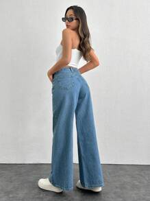 EURMUSE 100% Cotton WIDE LEG LOW WAIST JEANS - Light Wash - View 2