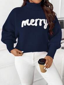 SHEIN Unity Plus Size Letter Embroidery Batwing Sleeve High Neck Casual Sweater, Winter Knit Pullover Fall - Blue - View 5