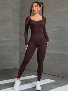 Slayform Tuta da yoga: scollo a V profondo con supporto per il busto, maniche lunghe e pantaloni, modellante lato fondoschiena e contenitivo per l'addome, versatile per l'allenamento, il ciclismo e l'uso quotidiano - Caffè Marrone - Visualizzare 3