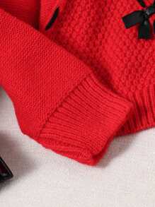 SHEIN Moda para meninas pré-adolescentes, suéter com capuz solto vermelho com laço 3D preto e padrão de linha, outono/inverno