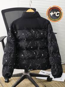 SHEIN Leap Crew Teen Boys 1pc Daily Comfort Casual Warm Loose Fit Constellation Pattern Printed Zipper Quilted Thickened Clothes Back To School; Fall Clothing; Teen Boy Clothes; Fall Jackets; Fall Clothing Fall And Winter Clothing - Black - View 2