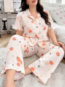 Women's Orange Print Collared Short Sleeve Pajama Set With Pants - Apricot - View 3