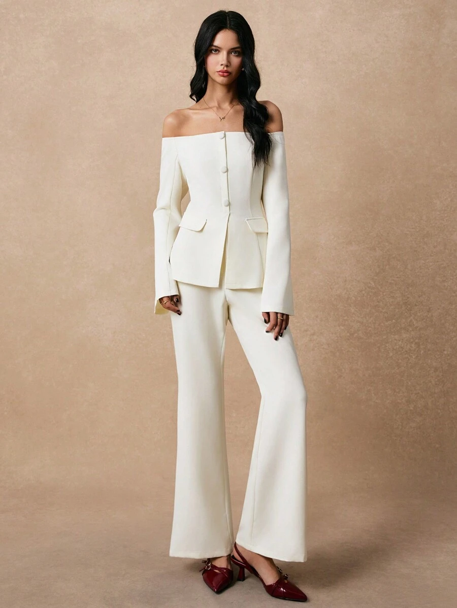 Poéselle Bộ đồ màu be, trang phục hai mảnh, áo dài tay, bộ đồ hai mảnh cho nữ, bộ đồ thanh lịch cho nữ, bộ đồ trễ vai tay loe màu trơn 2 món cho nữ và quần, thanh lịch, phù hợp cho hàng ngày, đi làm, ra phố, hẹn hò và những dịp khác - Màu be - Xem 1