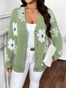 Calvaya Bluzka swobodna z długim rękawem i kwiatowym nadrukiem w dużym rozmiarze i zapięciem na guziki z przodu