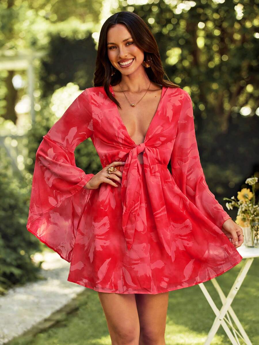 SHEIN VCAY Women's  Elegant Vacation Women Floral Print Front Knot Short Dress With Flared Sleeves