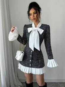 Selianne Women's Autumn/Winter Bowknot Neck Colorblock Plaid Pleated Short Dress Fall Cloth For Women