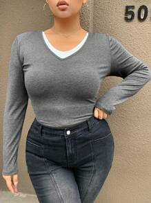 Dazy Petite Plus V-Neck Color Block Fitted Long Sleeve T-Shirt, Grey, Spring/Summer/Autumn