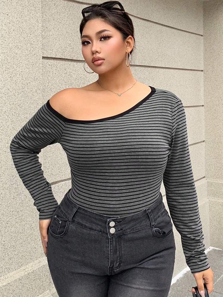 Dazy Petite Plus 1pc Plus Size Elegant Asymmetric Neck Form-Fitting Striped T-Shirt, Gray, Spring/Summer Long Sleeve Women Tops