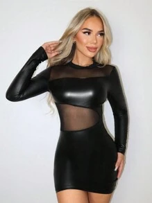 SHEIN PETITE Damska sukienka z krótkim rękawem, okrągłym dekoltem i siateczką w jednolitym kolorze, ze skóry PU i łączeniami