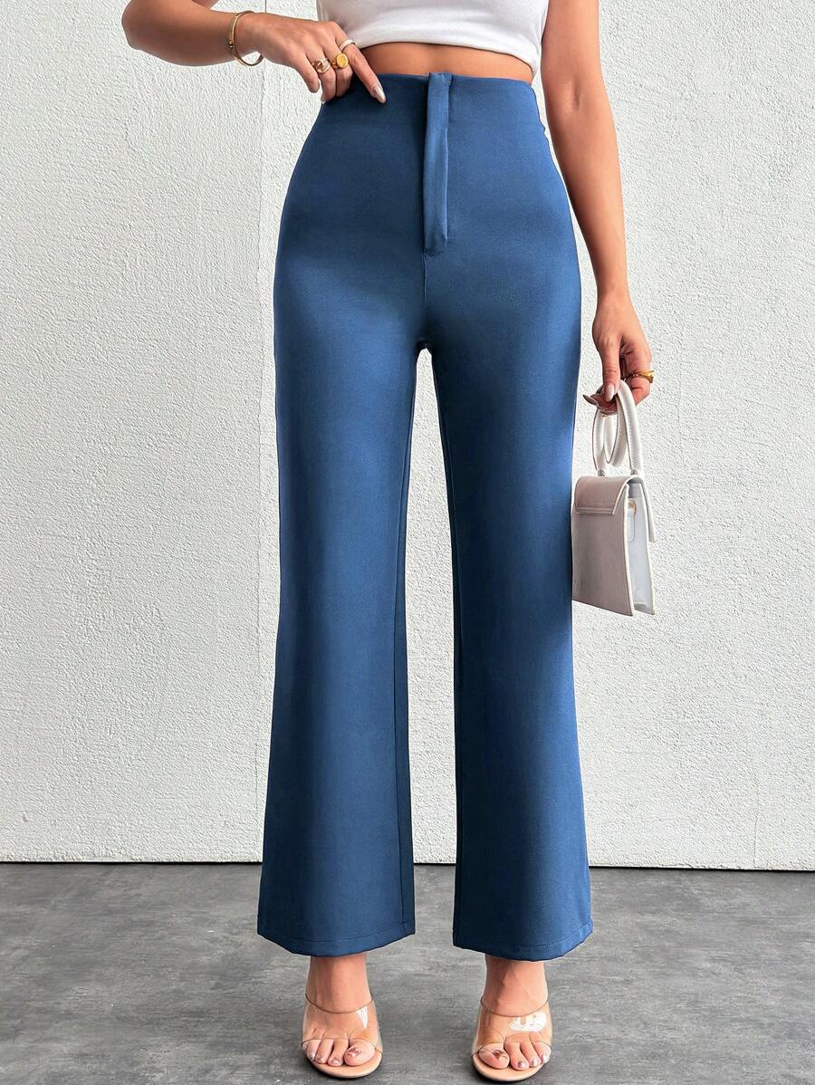 EURMUSE Women Casual Solid High Waist Straight Leg Pants - Biru - View 1