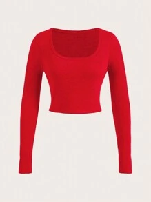 SHEIN SXY 2pcs/Set Sexy Wide Collar Long Sleeve Bodycon T-Shirt - Red - View 5