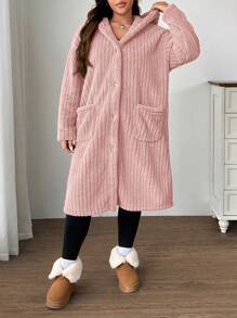 SHEIN EZwear 大尺碼女款可正反穿著抓絨抽繩外套，粉紅色，秋冬休閒連帽鄉村風優雅聖誕新年款 - 粉色 - 查看 5