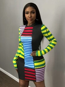 Slaydiva Vestido mini ajustado a rayas de estilo elegante para fiesta/cita/diario/deportivo/casual/urbano - Multicolor - Ver 4